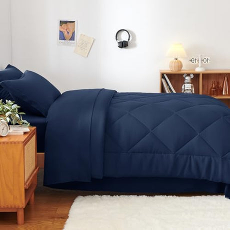 CozyLux Twin Comforter Set with Sheets Navy Blue - 5 Pieces Bed in a Bag Twin, All Season Bed Set for Girls and Boys, Bedding Set with Down Alternative Comforter, Sheets, Pillowcase & Sham CozyLux