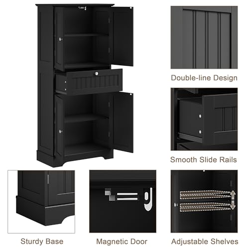 ChooChoo 51" H Tall Bathroom Floor Cabinet, Modern Bathroom Storage Cabinet with Drawer and Adjustable Shelves, Freestanding Kitchen Pantry Cupboard with 4 Doors for Living Room, Black ChooChoo