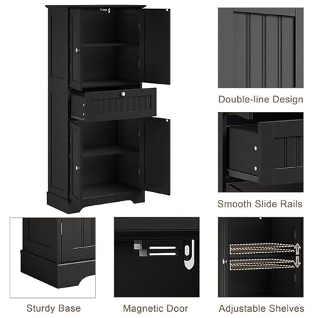 ChooChoo 51" H Tall Bathroom Floor Cabinet, Modern Bathroom Storage Cabinet with Drawer and Adjustable Shelves, Freestanding Kitchen Pantry Cupboard with 4 Doors for Living Room, Black ChooChoo