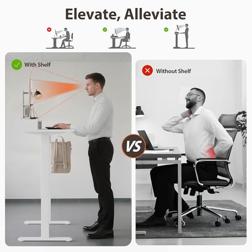 Agilestic Glass Standing Desk with Storage, 48 Inch Electric Adjustable Desk with Glass Shelf, Sit Stand Up Home Office Computer Table, Splice Board, White Agilestic
