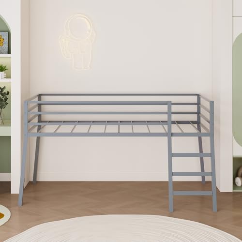 Lutown-Teen Low Metal Twin XL Loft Bed with Ladder and Guardrail for Kids or Teens, Space Saving XL Twin Loft Bed for Small Bedroom, Grey Lutown-Teen
