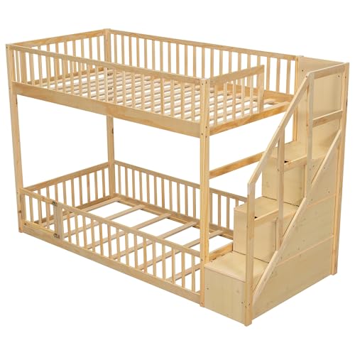 Merax Twin Over Twin Floor Bunk Bed with Storage Ladder and Guardrails, Wood Twin Bunk Bed for Kids Teens Adult, Natural Merax