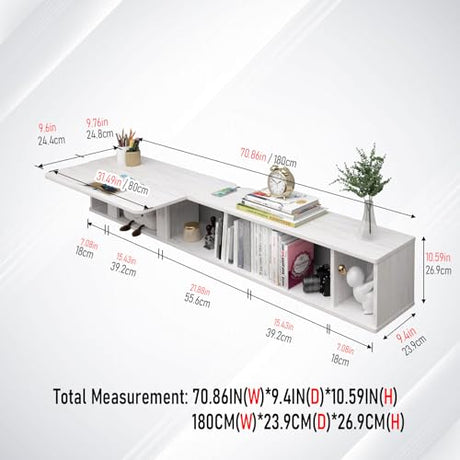 Pmnianhua 70'' Floating Desk with Storage Shelves,Wall Mounted Desk Laptop Computer Writing Study Table for Bedroom Small Space(White) Pmnianhua