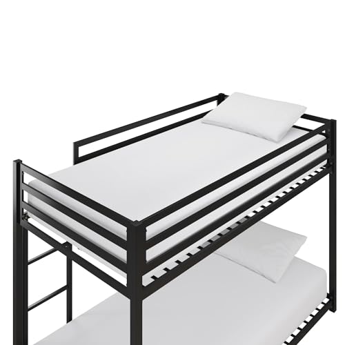 DHP Miles Low Metal Bunk Bed Frame for Kids, With Built-in Ladder, High Guardrail and Metal Slats, Floor Bed Bottom Bunk, No Boxspring Required, For Small Spaces, Twin-Over-Twin, Black DHP