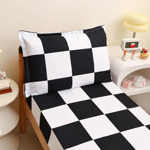 Caressma Checkered Toddler Bedding Set, Classic Black and White Plaid Bed Set, Fluffy Grid Buffalo Plaid 4 Pieces Kids Comforter Bed Set with Comforter, Fitted Sheet, Flat Sheet, Pillowsham Caressma