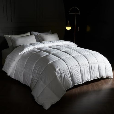 puredown® Goose Feather Comforter Full/Queen Size - All Season Duvet Insert, Ultra Soft Stripe 100% Cotton Shell Hotel Collection Comforters, 500 Thread Count with Ties (90x90'',Stripe White) puredown
