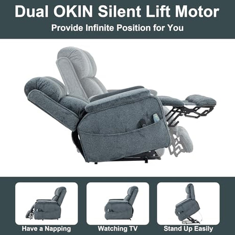 RHHVVR Oversized Lay Flat Recliner for Adults, Large Power Lift Recliner Chair with Extended Footrest, Electric Massage Living Room Sofa Chair, Side Storage Box Cup Holder, Blue Grey RHHVVR