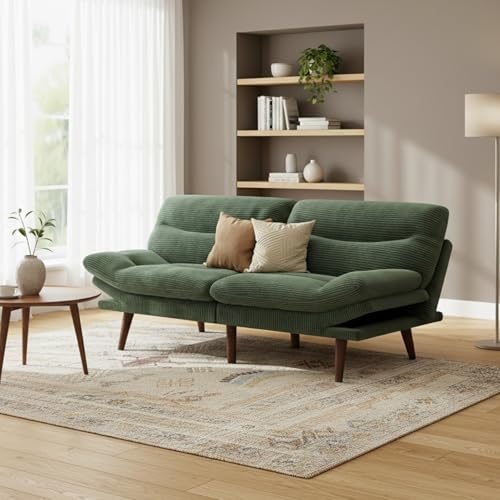 Marsail Futon Sofa Bed, 75” Futon Couch with Adjustable Backrest & Armrests, Convertible Small Sleeper Sofa Bed for Small Apartments, Study Room, Office, Corduroy Loveseat, Green Marsail