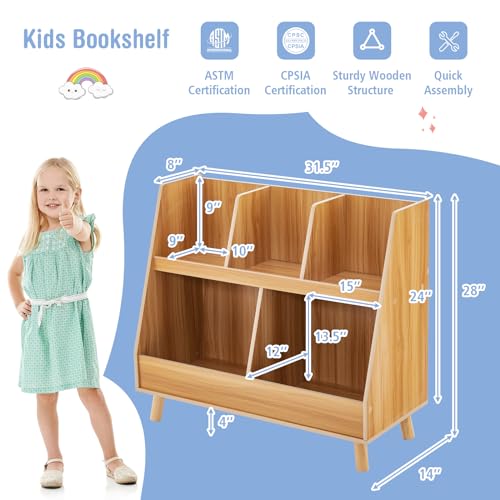 Costzon Toy Organizers and Storage with Bookshelf, 5 Cubbies Wooden Toy Cabinet and Montessori Bookcase with Solid Legs, Freestanding Display Toy Shelf for Kids Room, Playroom, Bedroom, Nursery