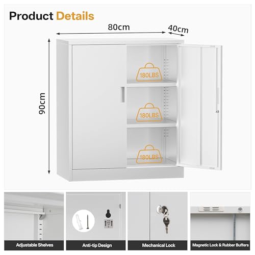 TaskStorz Metal Garage Storage Cabinets，36" Steel File Cabinet with 2 Adjustable Shelves, Lockable Storage Cabinets for Office, Home, Garage, Warehouse 36" H x 32" W x 16" D (White) TaskStorz