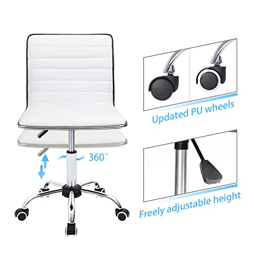 Furmax Vanity Office Desk Chair with Wheels, Armless Small Cute Leather Makeup Computer Task Chair Adjustable Height 360° Swivel (White) Furmax