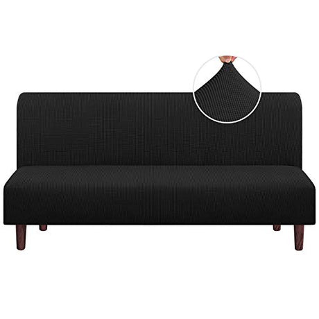 PrinceDeco Stretch Armless Futon Cover Futon Slipcover Full Queen Size Futon Couch Sofa Cover Bed Cover Furniture Protector with Elastic Bottom, Checked Pattern Jacquard, Black PrinceDeco