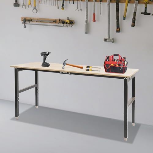 Adjustable Workbench with Power Outlets, 72"x25" Heavy-Duty Work Table, Oak Wood & Carbon Steel Workbench, 3000lbs Load Capacity, Height Adjustable, Utility Table for Garage, Workshop, Office NECKCLOUSE