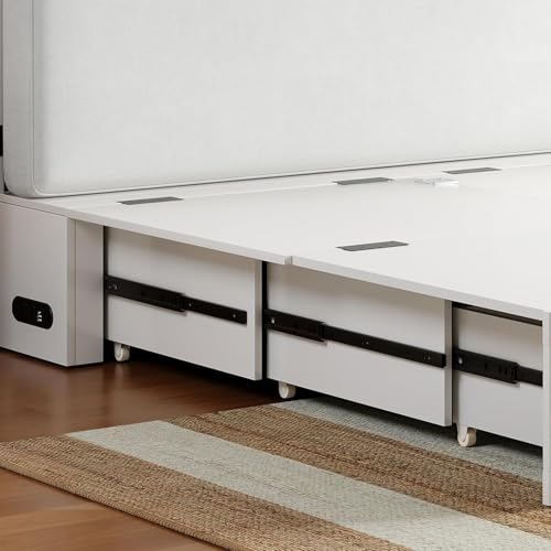 ijuicy Queen Size Murphy Bed with Mattress & Extra Large Drawers, Multifunctional Cabinet Beds with USB Charging Station, Murphy Bed Chest for Home, Mattress Included (White & Brown) ijuicy