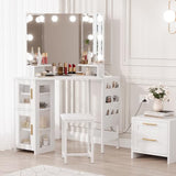 Garvee Corner Vanity Desk and Stool, Corner Makeup Vanity with Light Bulbs Mirror Charging Station and Cabinet for Bedroom, White Garvee