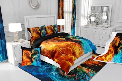 Feelyou Dragon Bedding Set 7 Piece Fire and Ice Dragon Couple King Comforter Set with Sheets for Kids Boys Girls Decor Wild Animal Bed in a Bag Safari Theme Bed Set Feelyou