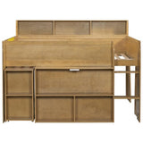 SOFTSEA Full Size Low Loft Bed with Desk & Storage, Solid Wood Kids Loft Bed with Portable Desk, Storage Bookshelves & LED Lights for Kids Juniors Boys Girls, Walnut SOFTSEA