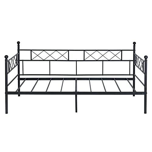 Liink1Ga Twin Size Daybed Frame, Day Bed Black Metal Daybed Frame with Headboard, Mattress Platform Base Box Spring Replacement Sofa Bed for Living Room Guest Room/Style X/Black Liink1Ga