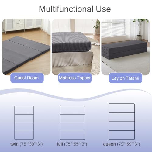MeMoreCool Folding Foam Futon Mattress Queen, Foldable Japanese Floor Mattress, Sleeping Mat Pad for Adults Guests Sleepovers, 3 in Thick Tatami Mat Portable Shikibuton, Dark Grey MeMoreCool