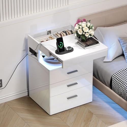 Treocho Led Nightstand with Hidden Space, Modern Night Stand with Charging Station, 3 Drawer Smart Nightstand with Glossy Finish, Tall Bedside Table with RGB Lights for Bedroom, White Treocho