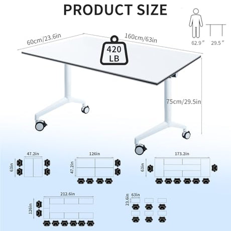 Conference Table Folding Conference Room Table with Wheels 63”x 23.6”Mobile Meeting Tables Foldable Rolling Modern Minimalist Desk for Office Podcast Training Breakroom, White(2pcs) Bisonful