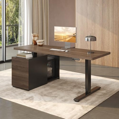 FLEXISPOT 71" Executive Standing Desk with Drawers & PC Case, Secretary Desk with Dual Motor Lift, 222 LBS Capacity, 1" Thick Desktop, Ideal for Home Office Workstation, Black Walnut, 3 Packages FLEXISPOT