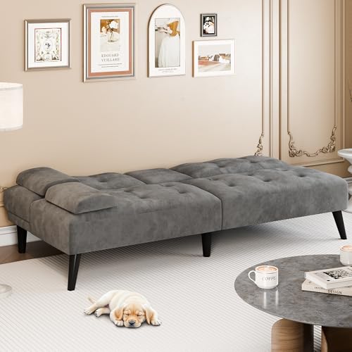 Meilocar 64" Futon Sofa Bed, Convertible Loveseat with 2 Cup Holders, Small Couch with 3 Adjustable Angles & Armrests, Sleeper Sofa for Apartment, Office, Dark Grey Meilocar