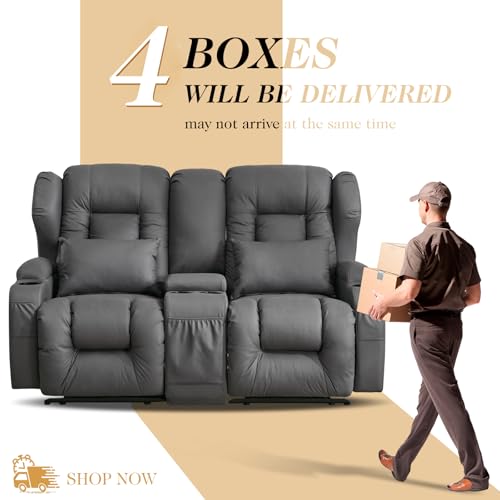Loveseat Recliner Sofa with DIY LED Lights,RV Wall Hugger Recliners for Small Spaces,Fabric Reclining Loveseat Sofa Recliner with Smart LED Lights/Cup Holders/Lumbar Pillows,RV Furniture,Dark Gray