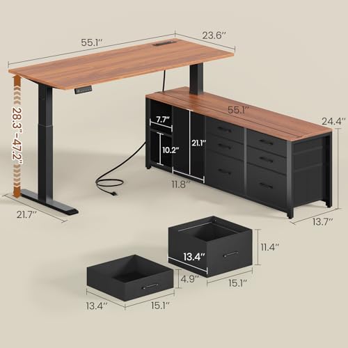 SEDETA L Shaped Electric Standing Desk, 55" x 55" Height Adjustable Office Executive Desk with 6 Fabric Drawers and Storage Shelves, Sit Stand Computer Desk with Power Outlet for Home Office (Brown) SEDETA