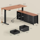 SEDETA L Shaped Electric Standing Desk, 55" x 55" Height Adjustable Office Executive Desk with 6 Fabric Drawers and Storage Shelves, Sit Stand Computer Desk with Power Outlet for Home Office (Brown) SEDETA