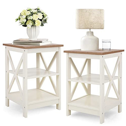 PHI VILLA End Table Living Room Set of 2 - Farmhouse Bed Side Table Nightstands for Bedroom, Ivory White Small Side Table - WoodArtSupply