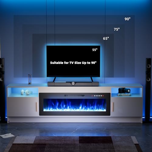 EAG 80" Electric Fireplace TV Stand with 42 inch Fireplace Up to 90" TVs, Entertainment Center with with Storage Cabinet & LED Lights, Modern Media Console for Living Room, White EAG