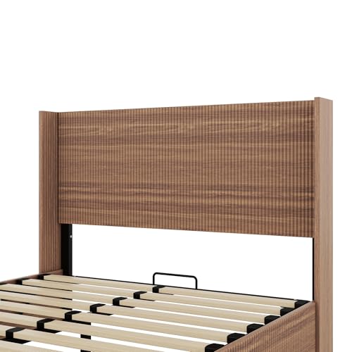Lift Up Storage Bed Queen Size, Queen Bed Frame with Headboard and Lift Storage System, Wood Headboard with Wing-Back and Convex Groove Board Design Bellemave