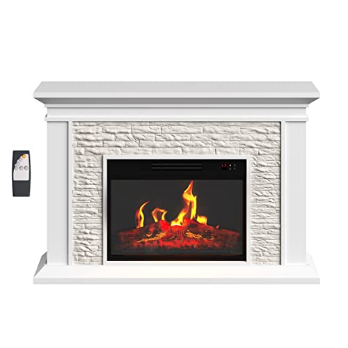 Electric Fireplace with Mantel - Freestanding Heater with Remote Control, Light-Adjustable LED Flames, and Faux Logs and Stones by Northwest (White) Northwest