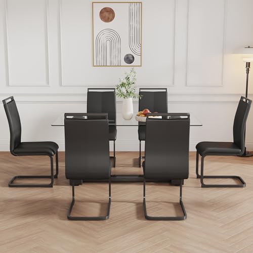 Ebullient Glass Dining Table Set for 6, Modern Dining Table Set for 6, Tempered Glass Tabletop with Black MDF Trapezoid Legs, Rectangle Kitchen Table with 6 Faux Leather Chairs for Home, Apartment Ebullient