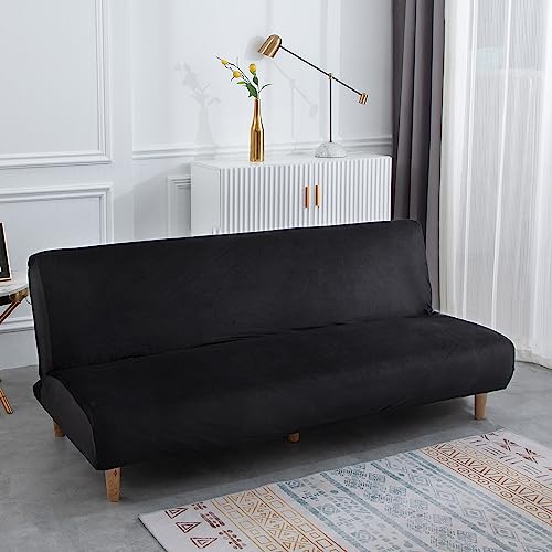 Stretch Futon Cover, Couch Cover for Futon, Armless Sofa Cover, Foldable Sofa Bed Slipcover Without Armrest, Universal Thick Sofa Slipcovers Furniture Protector for Kid, Pet(Velvet Black,Medium) SHEKAKO