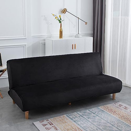 Stretch Futon Cover, Couch Cover for Futon, Armless Sofa Cover, Foldable Sofa Bed Slipcover Without Armrest, Universal Thick Sofa Slipcovers Furniture Protector for Kid, Pet(Velvet Black,Medium) SHEKAKO