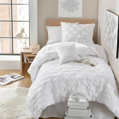 Comfort Spaces Twin/Twin XL Comforter Set for College Ogee Ruched Crinkle Texture Breathable Comforter Set Twin Dorm All Season Lightweight Bedding Set Shabby Chic Décor Pilow White 3 Piece Comfort Spaces