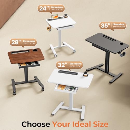 JYLH JOYSEEKER Mobile Standing Desk with Drawer, 32" Rolling Desk with Cup Holder and Hooks, Portable Laptop Cart on Wheels, Height Adjustable Workstation with Storage for Home Office, White JYLH JOYSEEKER