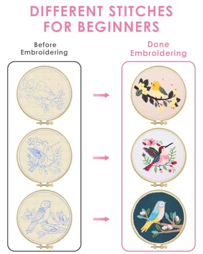 TINDTOP 3 Sets Punch Needle Kits, Panda Punch Embroidery Kits for Adults Beginner, Tool with Punch Needle Fabric, Hoops, Yarns and Sewing Needles (Bird) TINDTOP