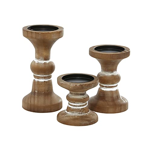 Deco 79 Wood Decorative Candle Holder Beaded Pillar Candle Stand, Set of 3 Candlestick Holder 4", 6", 8"H, Brown Deco 79