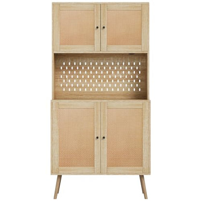 Svimi Rattan Kitchen Pantry Storage Cabinet with Power Outlets, LED Lights, Pegboard - 62.6" Tall Hutch Sideboard Buffet Cabinet, Organized Storage for Kitchen, Dining Room and Hallway Natura - WoodArtSupply