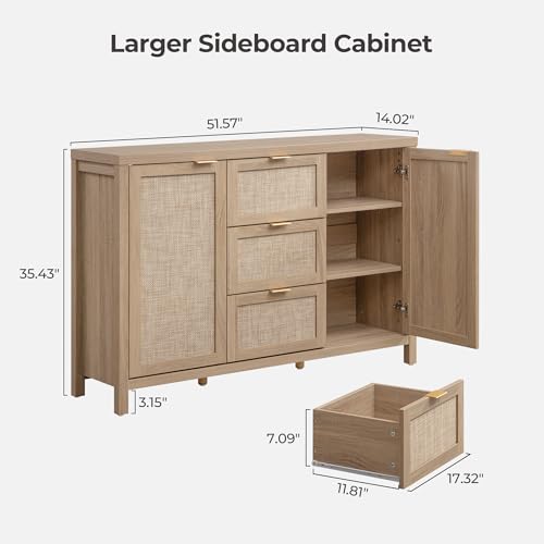 SICOTAS 52" Larger Sideboard Buffet Coffee Bar Cabinet with Storage - Farmhouse Rattan Credenza Storage Cabinet with 3 Drawers and 2 Doors, Boho Console Table for Living Room, Kitchen, Light Oak SICOTAS