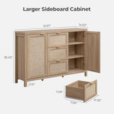 SICOTAS 52" Larger Sideboard Buffet Coffee Bar Cabinet with Storage - Farmhouse Rattan Credenza Storage Cabinet with 3 Drawers and 2 Doors, Boho Console Table for Living Room, Kitchen, Light Oak SICOTAS