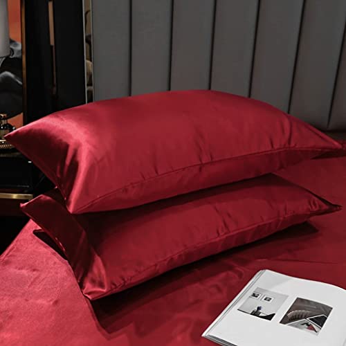 Satin Bedding Set King Wine Red Silk Like Satin Duvet Cover Set Luxury Soft Burgundy Comforter Cover Adults Bedroom Decor Chic Luxurious Silky Bedspread Cover Zipper (1 Duvet Cover + 2 Pillow Case) Feelyou