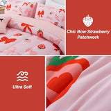 A Nice Night Red Bow Comforter Set,6 Piece Bed in a Bag Matching Sheet Set,Cute Ribbon Bowknot Bedding Sets,Princess Style Strawberry Printed,Light Pink Room Decor for Girls,Full A Nice Night