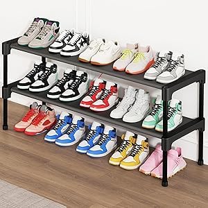 Long Shoe Rack-Shoe Organizer 2 Tier Shoe Rack for Closet Front Door Entryway Garage, Stackable Free Standing and Freely Combinable Shoe Storage, Space Saving Small Shoe Shelves. SAN HE