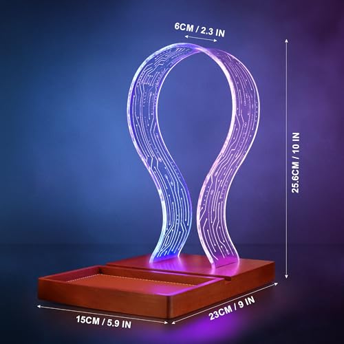 YuanDian Gamer Gifts for Teenage Boy, LED Gaming Headphone Phone Stand with Tray - Wood Holder with Blue Pink LED Night Light, Desk Organizer, Ideal Gift for Gamers, Men, and Music Lovers - WoodArtSupply