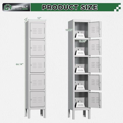 Greenvelly Metal Locker, 66”Lockers for Employees with 5Doors,Tall Steel Lockable Storage Lockers with Standing Legs,Card Slots,Vents for Gym,School,Office,Kids Room(Grey) - WoodArtSupply