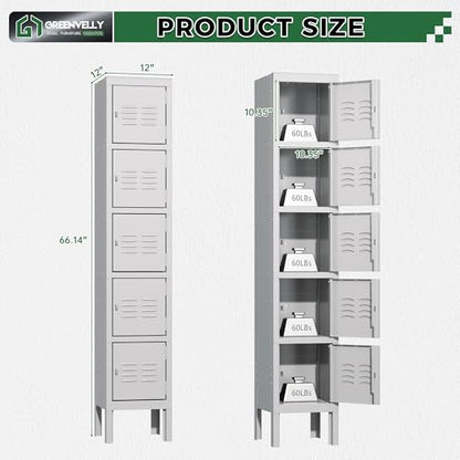 Greenvelly Metal Locker, 66”Lockers for Employees with 5Doors,Tall Steel Lockable Storage Lockers with Standing Legs,Card Slots,Vents for Gym,School,Office,Kids Room(Grey) - WoodArtSupply